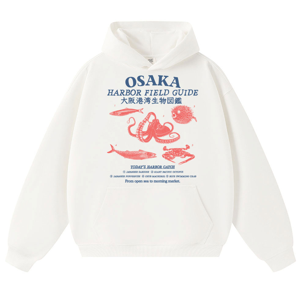 Japanese Women Lifestyle - เสื้อฮู้ดสไตล์ญี่ปุ่นลายท่าเรือโอซากะ สำหรับผู้ชายและผู้หญิง ลายสิ่งมีชีวิตทางทะเลญี่ปุ่น ลายปลาหมึก เสื้อสเวตเตอร์ผ้าฟลีซหลวมๆ สไตล์ลำลอง