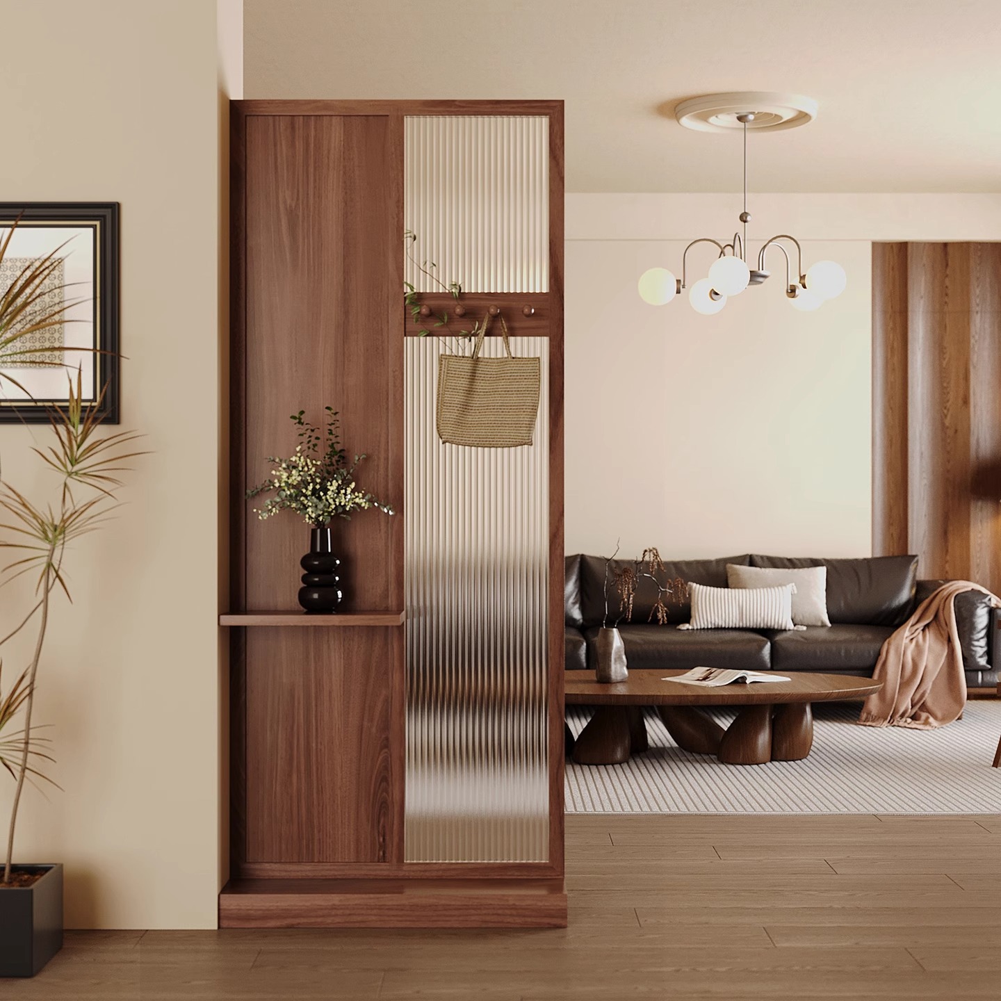 Shoji Screen Divider - ประตูทางเข้าไม้เนื้อแข็งแบบจีนอยู่ตรงข้ามประตูห้องนั่งเล่น ผนังกั้นห้องไม้ทั้งบาน กระจกฉางหง แบบไม่ต้องเจาะ