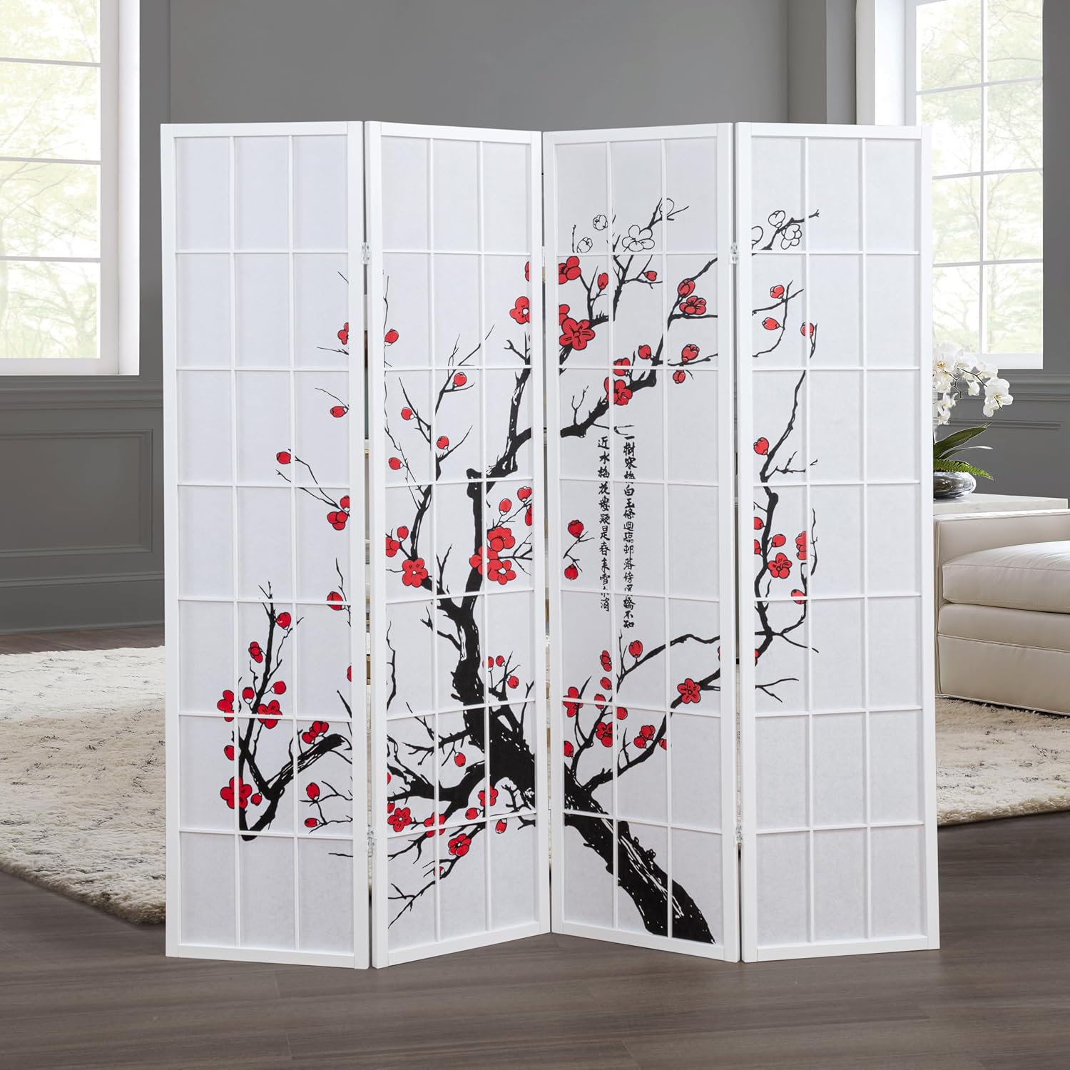 Shoji Screen Divider - ฉากกั้นห้องแบบพับได้สไตล์ญี่ปุ่นโชจิ, แผงกั้นห้องไม้แบบตั้งพื้น 4 แผงสำหรับบ้านและสำนักงาน, ลายดอกพลัมบนกระดาษข้าว, ฉากกั้นห้องแบบดั้งเดิมสไตล์เซน,