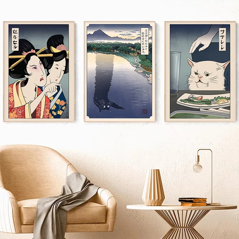 Japanese Women Lifestyle - ญี่ปุ่น Ukiyoe สไตล์โปสเตอร์พิมพ์ผู้หญิงตะโกนแมวภาพวาดผ้าใบ Vintage Longcat Living