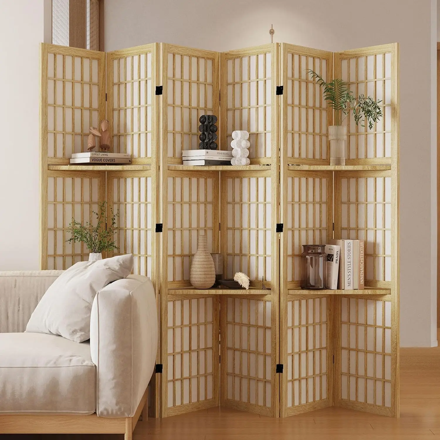 Shoji Screen Divider - ฉากกั้นห้องพร้อมชั้นวางของ สูง 66.9 นิ้ว สไตล์โชจิญี่ปุ่น ทำจากไม้