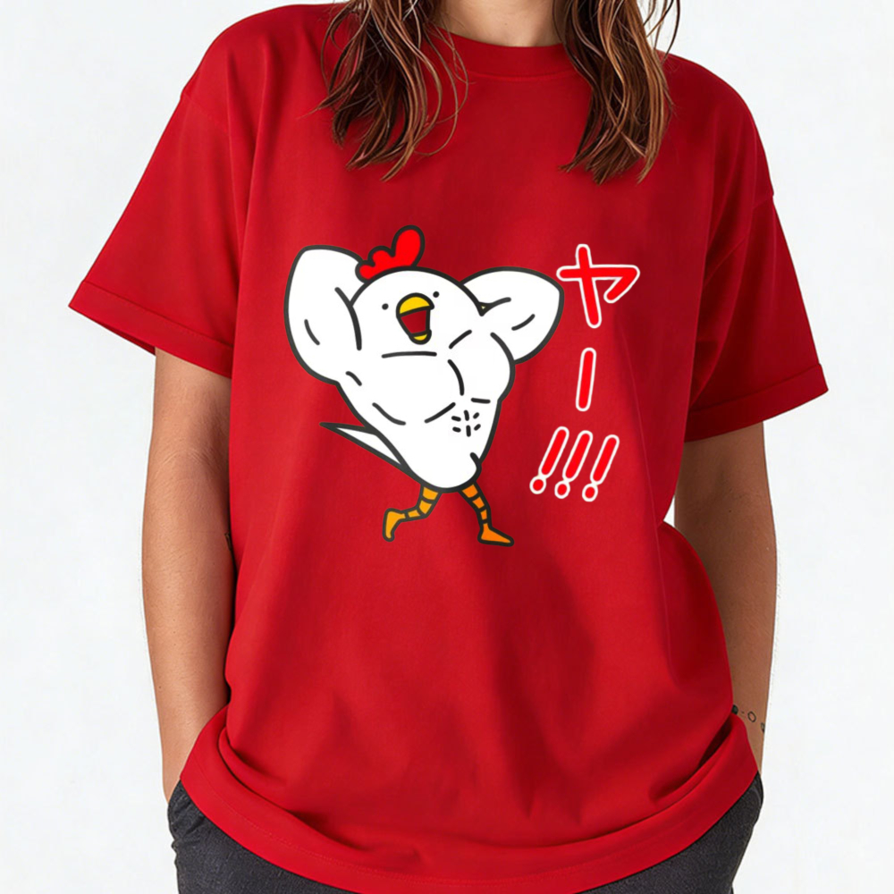 Japanese Women Lifestyle - เสื้อยืดผ้าฝ้ายผู้หญิง ลายไก่กล้ามโตสุดฮา พร้อมข้อความภาษาญี่ปุ่น ตลกๆ สำหรับออกกำลังกาย ไลฟ์สไตล์ลำลอง
